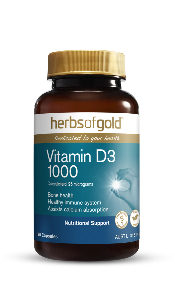 Bottle of Herbs of Gold Vitamin D3 1000 IU supplement with label showing product details and branding.