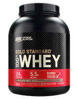 Optimum Nutrition 100% Gold Standard Whey protein powder tub with label and scoop, displayed on a clean surface.