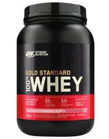 Optimum Nutrition 100% Gold Standard Whey protein powder tub with black and gold packaging and scoop inside.