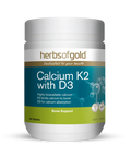 Herbs of Gold Calcium K2 with D3 supplement bottle with label showing product details and branding.