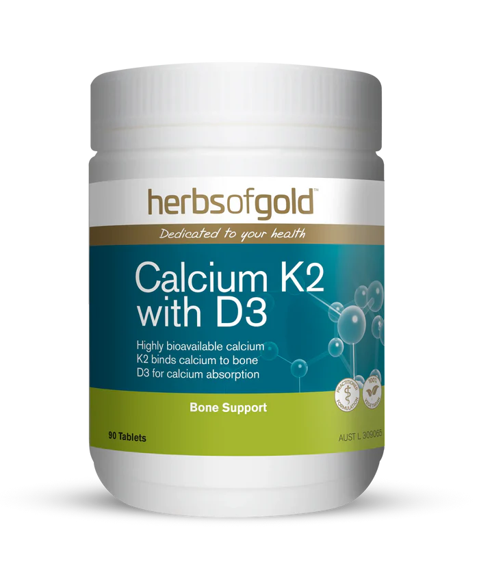 Herbs of Gold Calcium K2 with D3 supplement bottle with label showing product details and branding.