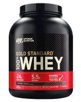 OPTIMUM NUTRITION 100% Gold Standard Whey protein powder container with label, showing the product in a supplement jar.