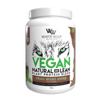 WhiteWolf Nutrition Vegan Protein Blend in a clear container with a scoop, showcasing the white powder inside.