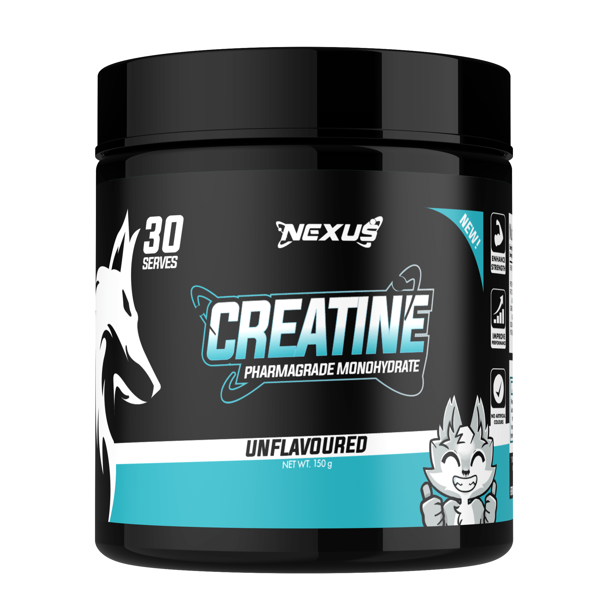 Nexus Nutrition Creatine Monohydrate powder in a scoop, 30-serving container, showing the supplement's texture and packaging.
