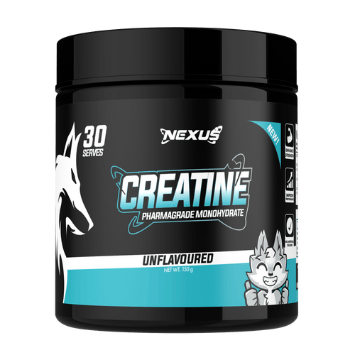 Nexus Nutrition Creatine Monohydrate powder in a scoop, 30-serving container, showing the supplement's texture and packaging.