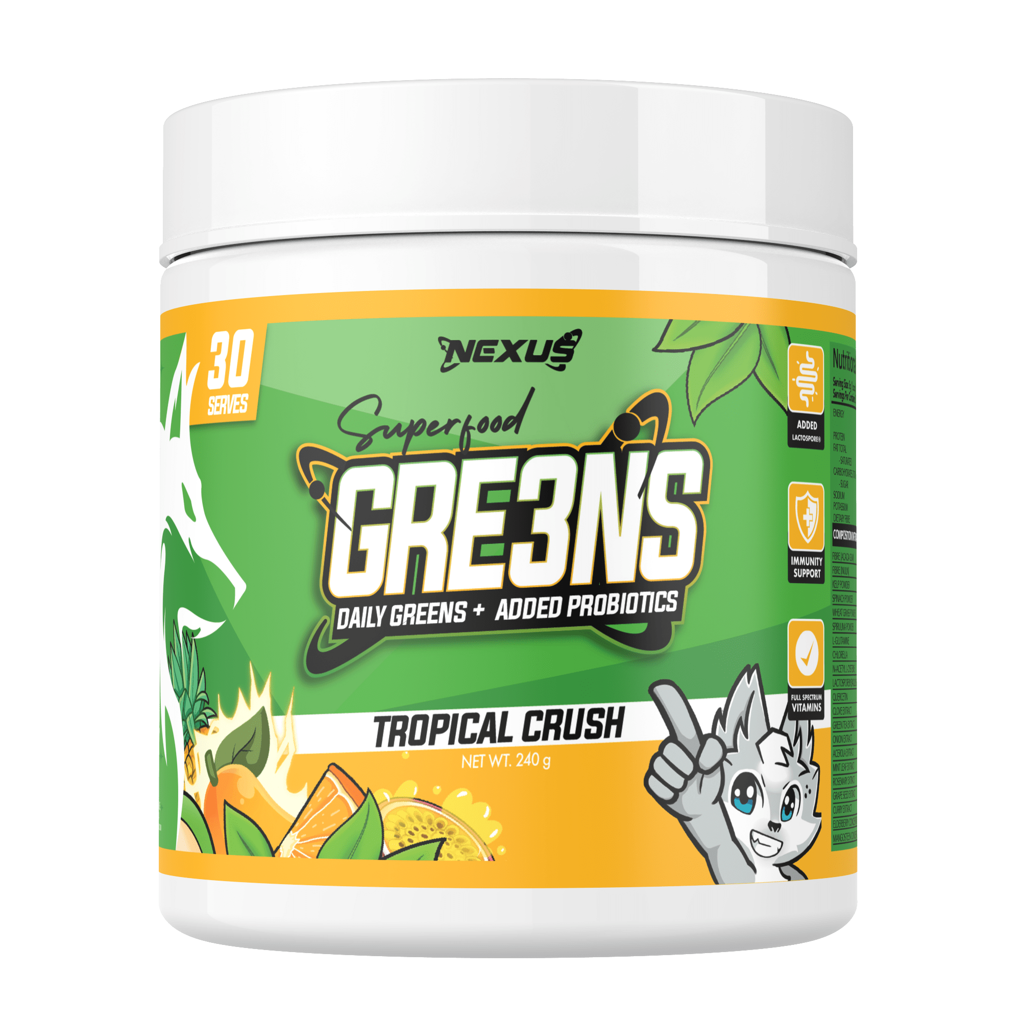 Nexus Nutrition Superfood Greens powder in a jar, showing vibrant green supplement with scoop on a clean background.