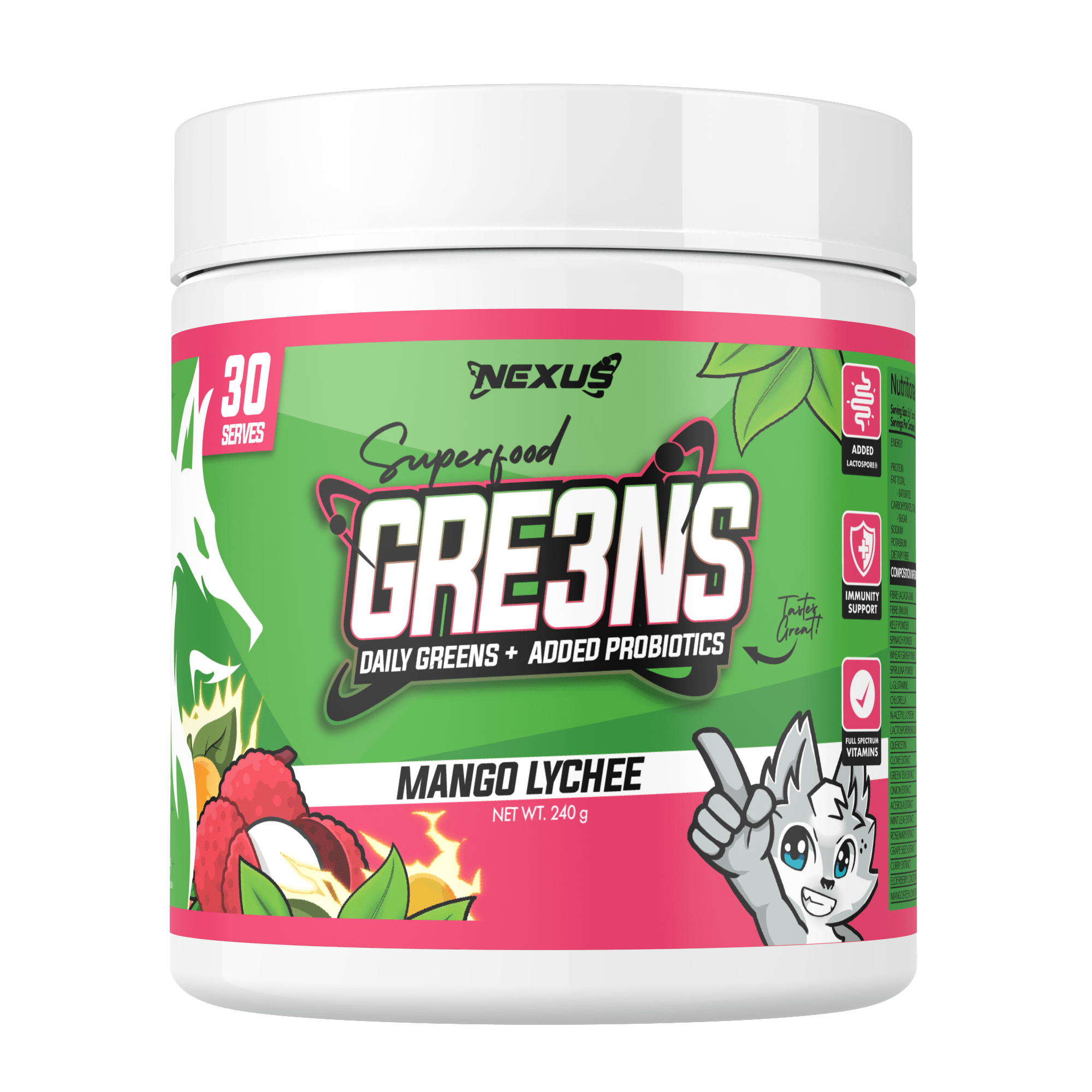 Nexus Nutrition Superfood Greens powder in a jar, with a scoop, showing vibrant green superfood blend for health and nutrition.