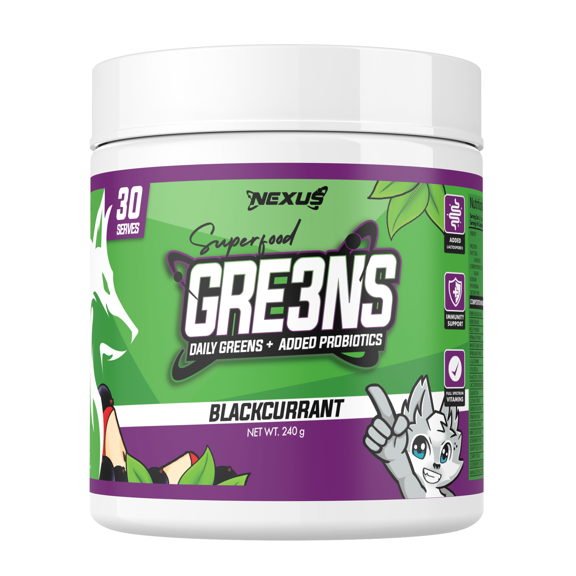 Nexus Nutrition Superfood Greens powder in a jar with scoop, showing vibrant green powdered supplement for health and energy.