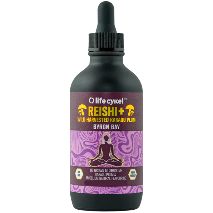 LIFE CYKEL Reishi double extract supplement bottle with label, showcasing the product's branding and packaging details.