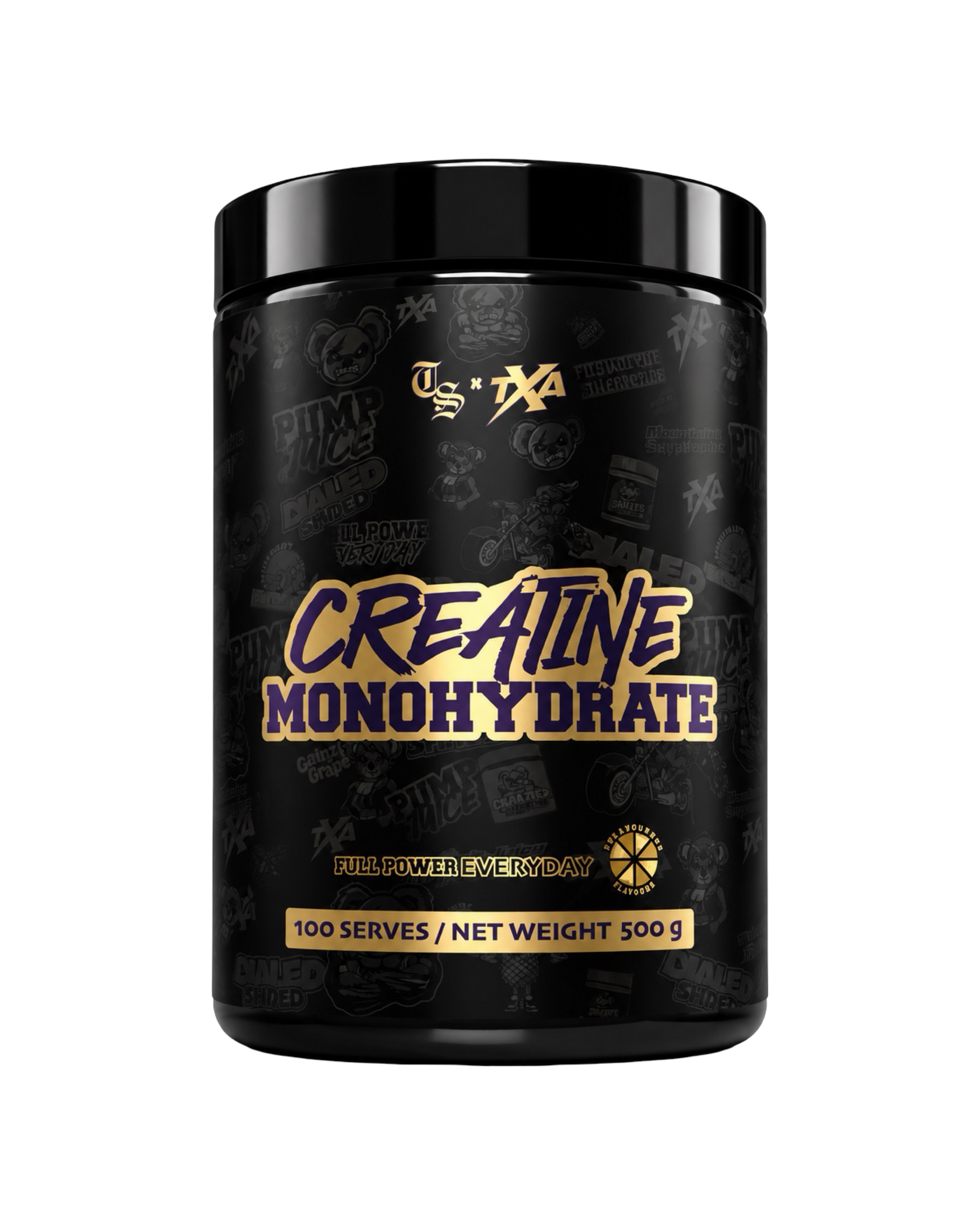Unflavored Creatine Monohydrate powder from The X Athletics in a 500g container, shown in a clear, resealable bag.