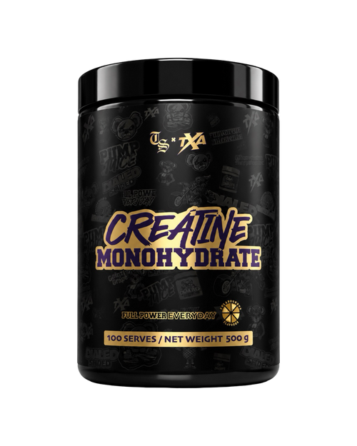 Unflavored Creatine Monohydrate powder from The X Athletics in a 500g container, shown in a clear, resealable bag.