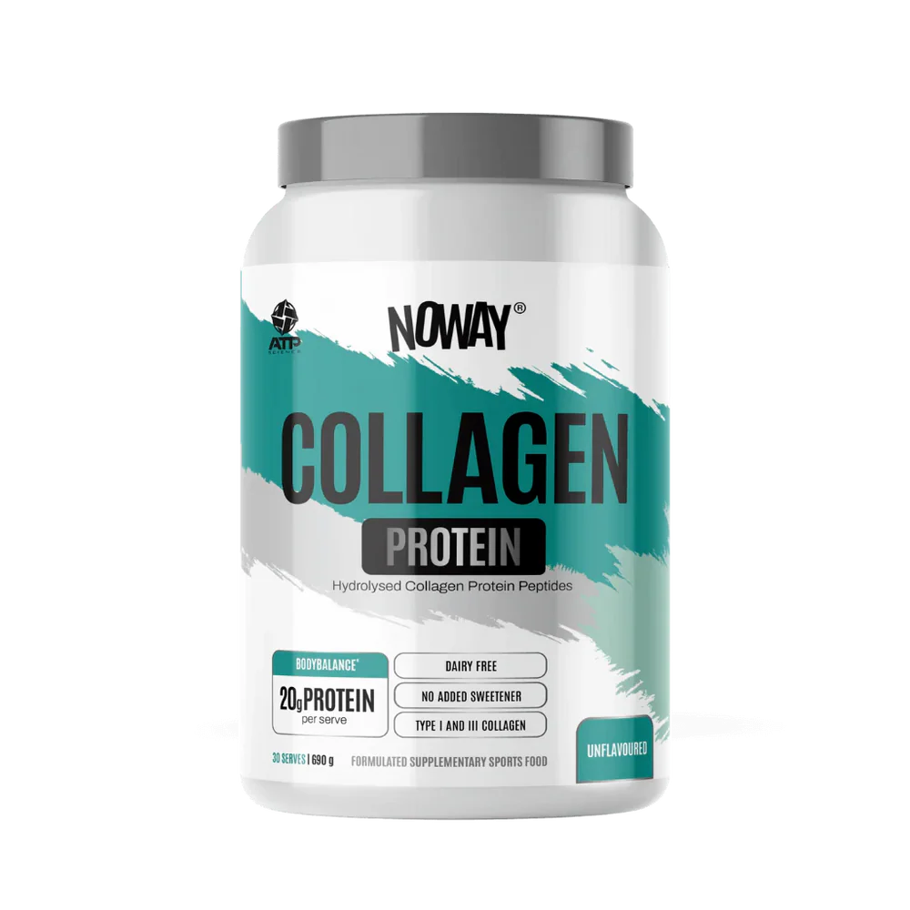 Bottle of ATP Noway Collagen supplement by ATP Science, showing the label with product details and branding.