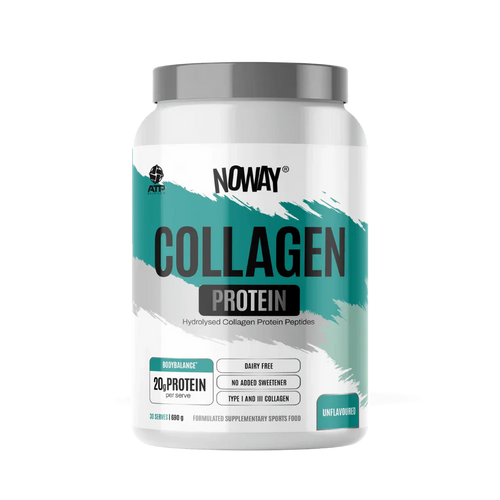 Bottle of ATP Noway Collagen supplement by ATP Science, showing the label with product details and branding.