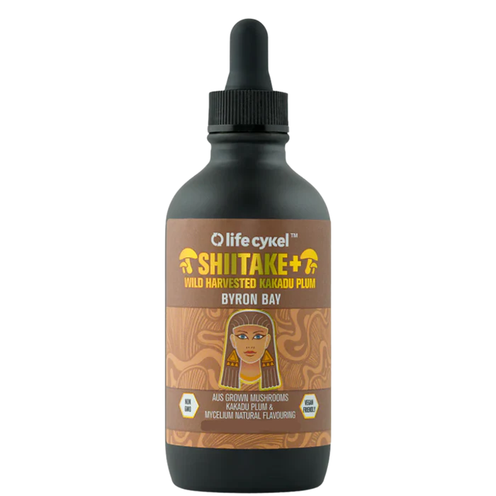 LIFE CYKEL Shiitake Double Extract supplement bottle with label displaying product details and branding.