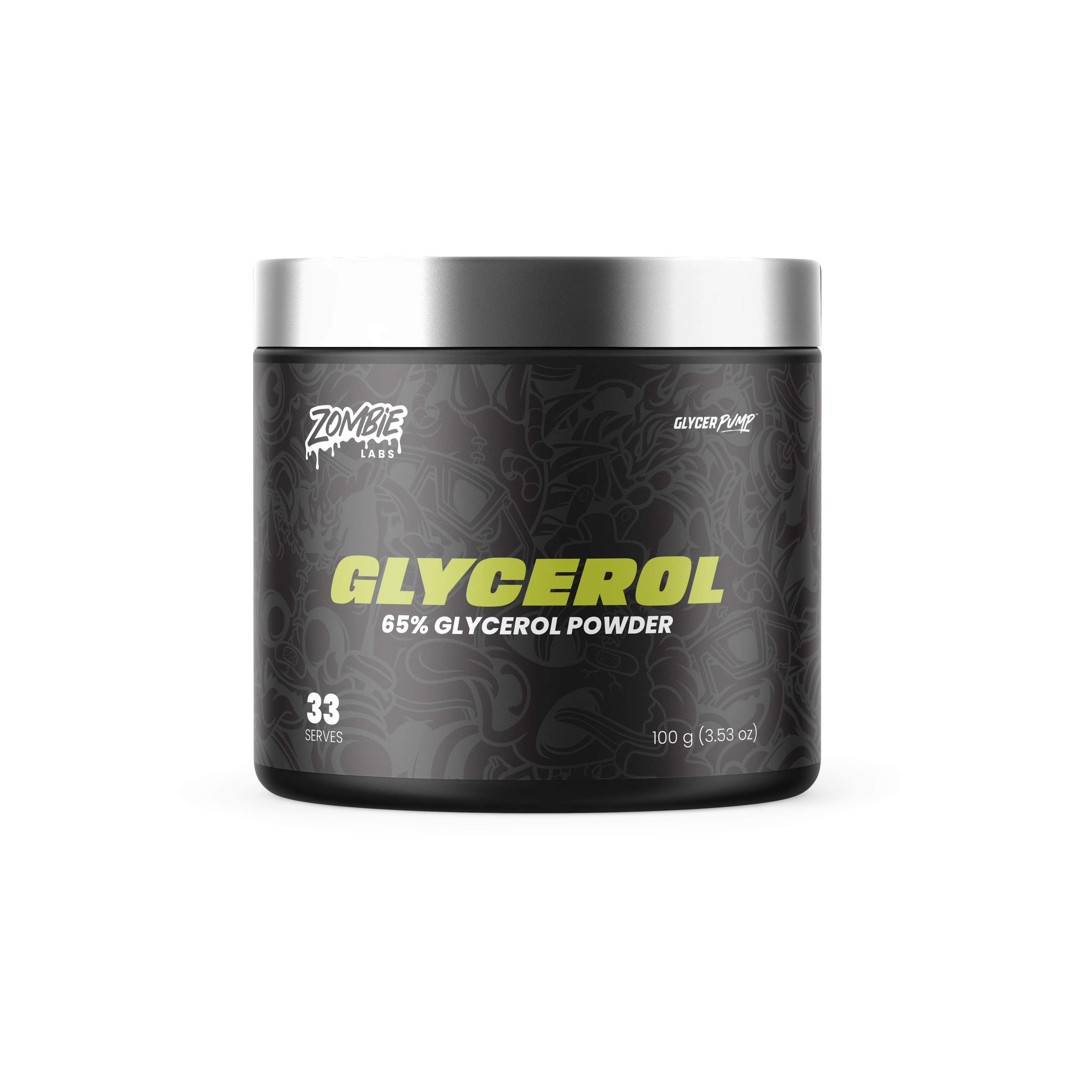 Zombie Labs Glycerol bottle, clear liquid supplement from Zombie Labs, shown in a plastic container with label.