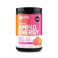 Optimum Nutrition Amin.O. Energy supplement container with colorful label showing product branding and nutritional information.