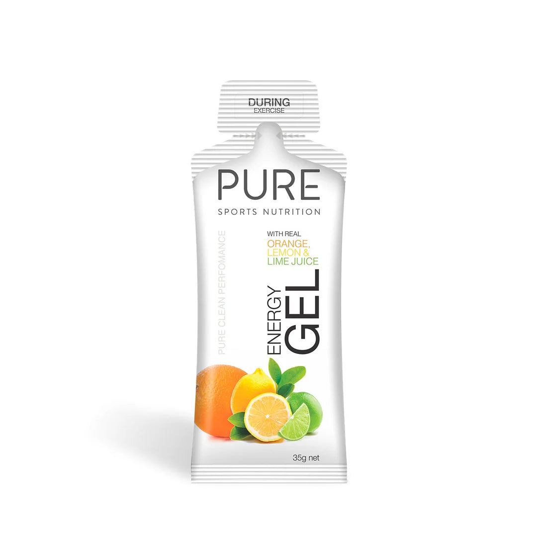 Pure Energy Gel from Pure Sports Nutrition, a close-up of the energy gel packet with branding and vibrant packaging.