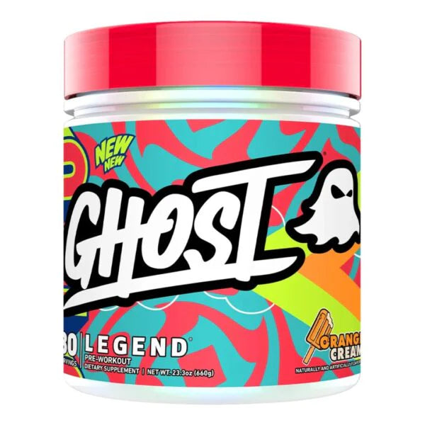GHOST LEGEND V4 GHOST supplement container with black and purple label, featuring the GHOST brand logo and product details.