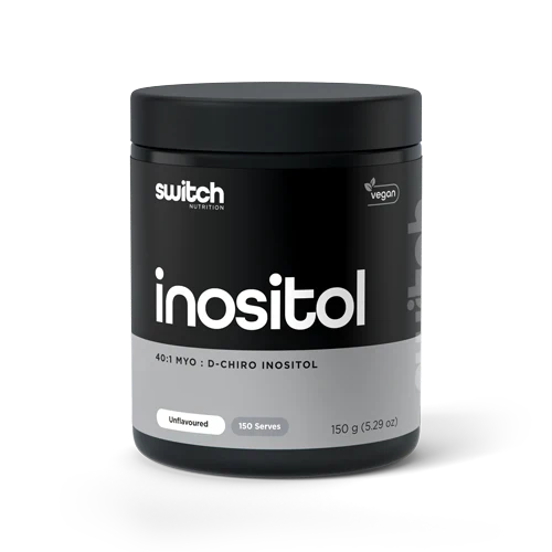 Switch Nutrition Inositol supplement bottle with label visible, showing white tablets inside, designed for overall health support.