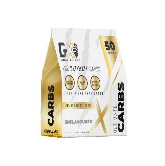Gorilla X Labs Ultimate Carbs supplement container with label, showcasing the GORILLA X LABS brand and product packaging.