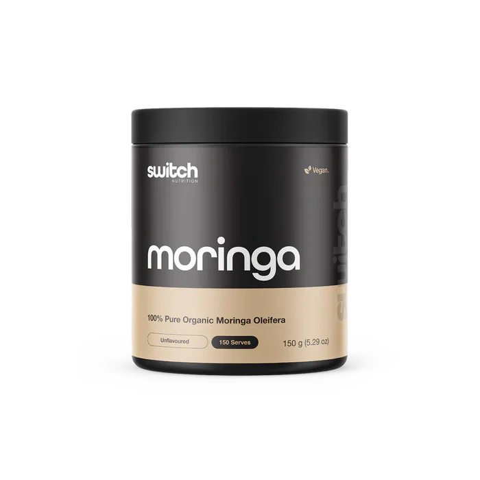 Switch Nutrition Organic Moringa Powder in a clear plastic container with a green label, showing the product inside.