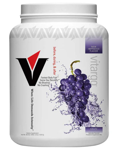 VITARGO sports nutrition product in a container, featuring the VITARGO logo and clean label design, on a white background.