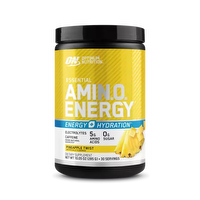 Optimum Nutrition Amin.O. Energy + Electrolytes powder in a container with scoop, showing the product label and flavor details.