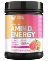 Optimum Nutrition Amin.O. Energy supplement container with label showing orange flavor and supplement details.