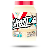 GHOST WHEY protein powder container with label, featuring the GHOST brand logo and vibrant design on a white background