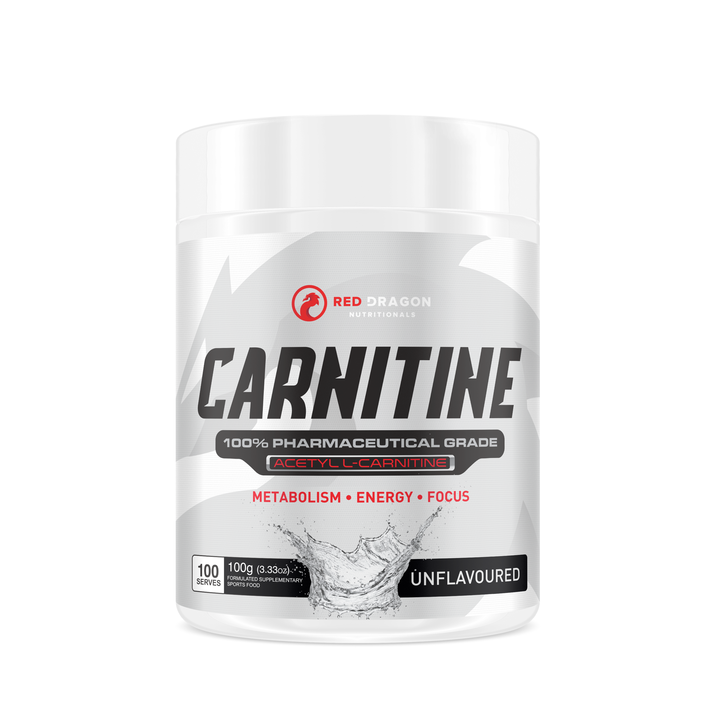Red Dragon Nutritionals RDN Acetyl L-Carnitine supplement bottle with label and capsules visible.