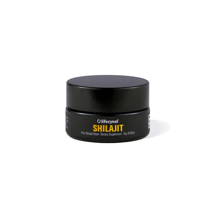 LIFE CYKEL Shilajit Pure Resin jar with black and gold label, showing the natural resin product and branding.
