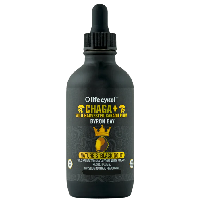 LIFE CYKEL Chaga Double Extract supplement bottle with label, featuring natural mushroom extract product from LIFE CYKEL.