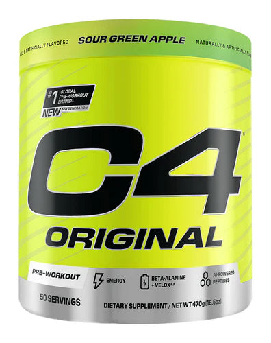 Cellucor C4 Original pre-workout supplement container with label, featuring vibrant branding and flavor information.