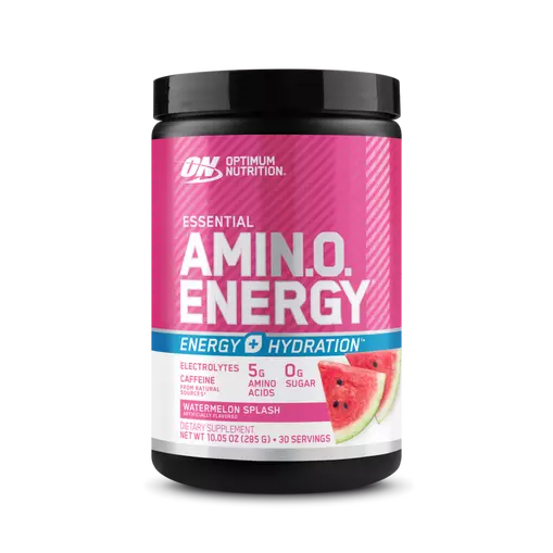 Optimum Nutrition Amin.O. Energy + Electrolytes supplement container with vibrant label design and product details.
