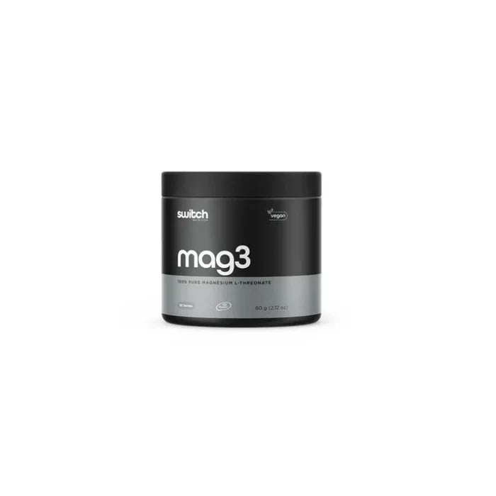 Switch Nutrition Magnesium L-Threonate Powder in a clear container with a scoop, showing the supplement's packaging and powder.