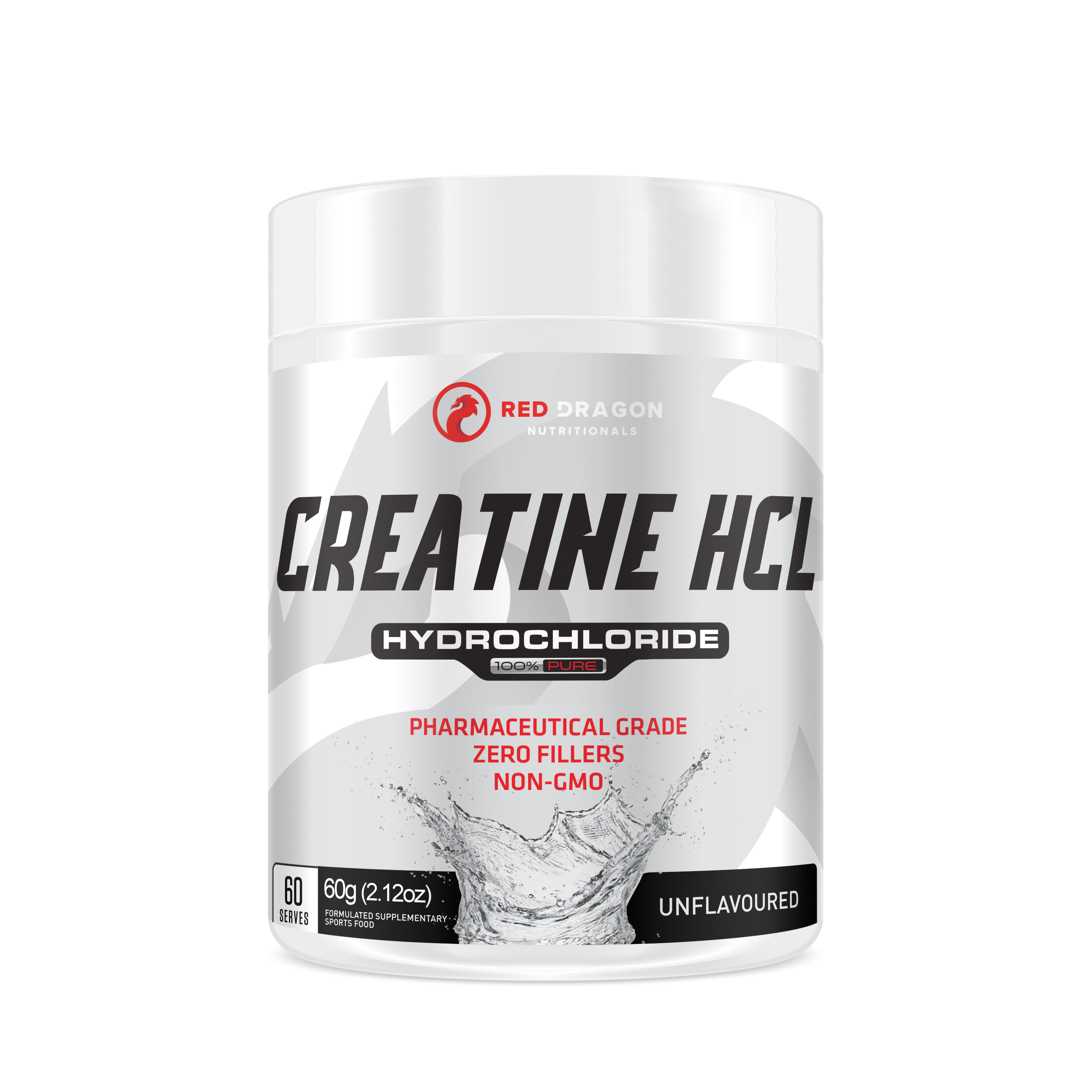 Red Dragon Nutritionals RDN Creatine HCL supplement container with label, showing the product name and branding.