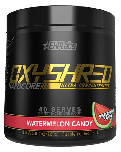 EHP LABS OXYSHRED HARDCORE fat burner supplement container with label and lid, showing the product branding and packaging.