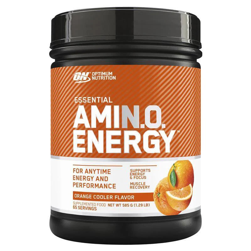 Optimum Nutrition Amin.O. Energy supplement container with colorful label, showcasing the product's packaging and branding.