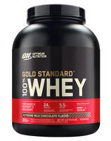 Optimum Nutrition 100% Gold Standard Whey protein powder container with scoop and label, showcasing the supplement's packaging and branding.