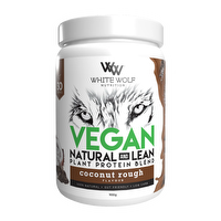 White Wolf Vegan Protein Blend container from WhiteWolf Nutrition showing the product label with green and white design.