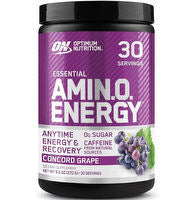 Optimum Nutrition Amin.O. Energy supplement container with label, showing orange flavor and nutritional information.