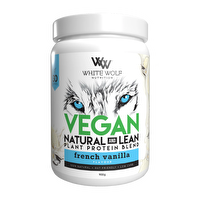 WhiteWolf Nutrition White Wolf Vegan Protein Blend container with label, showcasing the plant-based protein supplement.