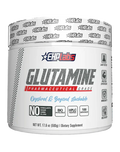 EHP LABS Glutamine supplement container with label showing product details, white and purple packaging.