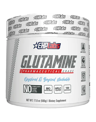 EHP LABS Glutamine supplement container with label showing product details, white and purple packaging.