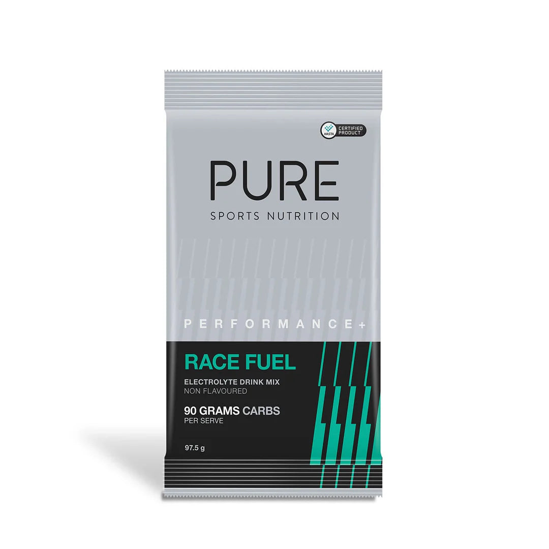 Pure Sports Nutrition Pure Performance Plus Race Fuel bottle with vibrant label, designed for high-performance athletic fueling.