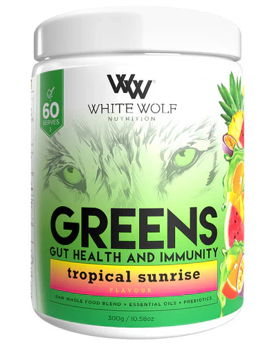 WhiteWolf Greens by WhiteWolf Nutrition, vibrant green supplement powder in a resealable container with scoop and label.