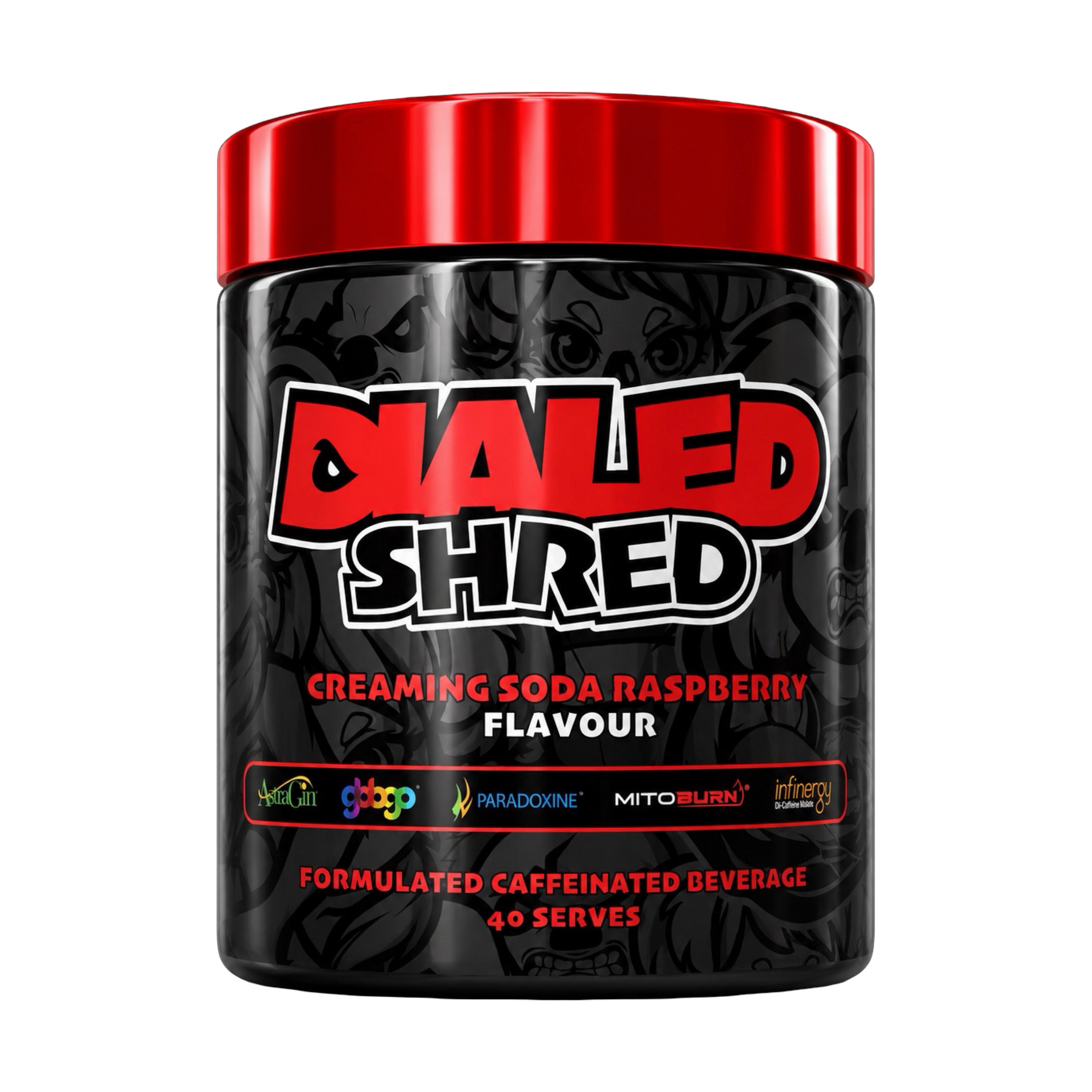 The X Athletics Dialed Shred fitness supplement container with label showing product details and branding.