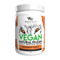 WhiteWolf Nutrition White Wolf Vegan Protein Blend container with label showing product details and white and blue packaging.