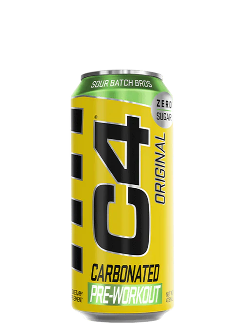 Cellucor C4 Carbonated RTG energy drink can with sour flavor, featuring a red and black label design and bold branding.