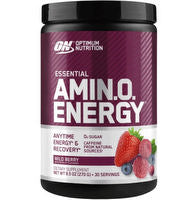 Optimum Nutrition Amin.O. Energy supplement container with label showing energy formula and nutritional information.
